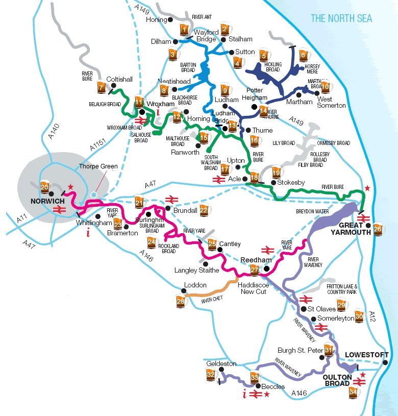 Norfolk Broads map showing pub locations